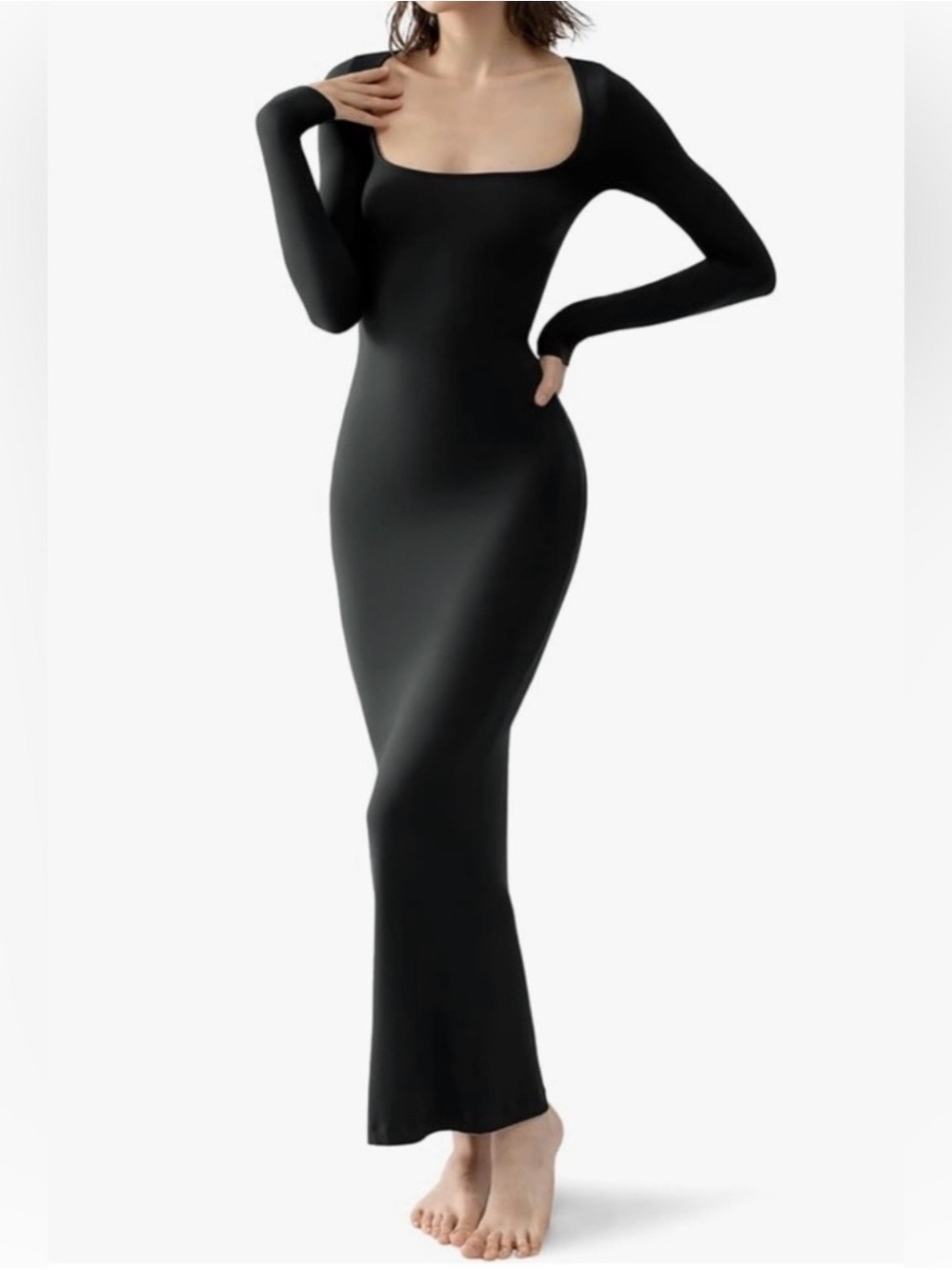 Elegant Black ribbed Long Sleeve Scoop Neck Maxi Dress